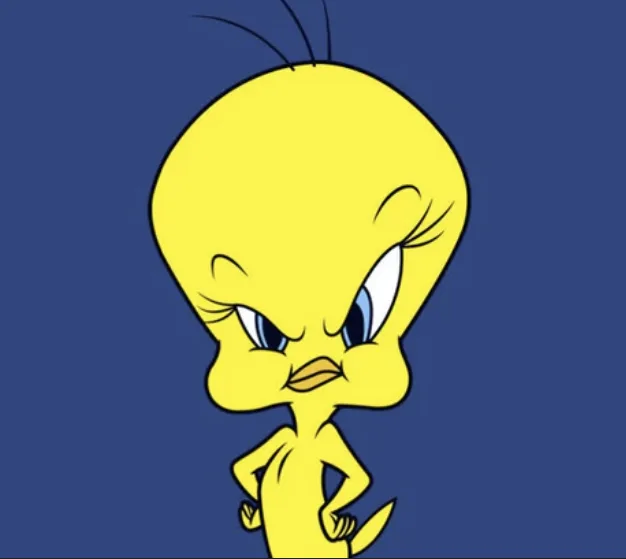 a cartoon image of the yellow bird character Tweety Bird with a stern, angry expression, standing with hands on hips against…