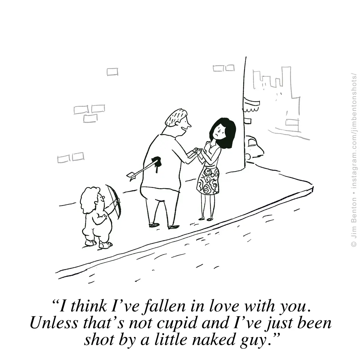 A black-and-white cartoon depicts a man with an arrow stuck in his back holding hands with a woman who looks unimpressed. A…
