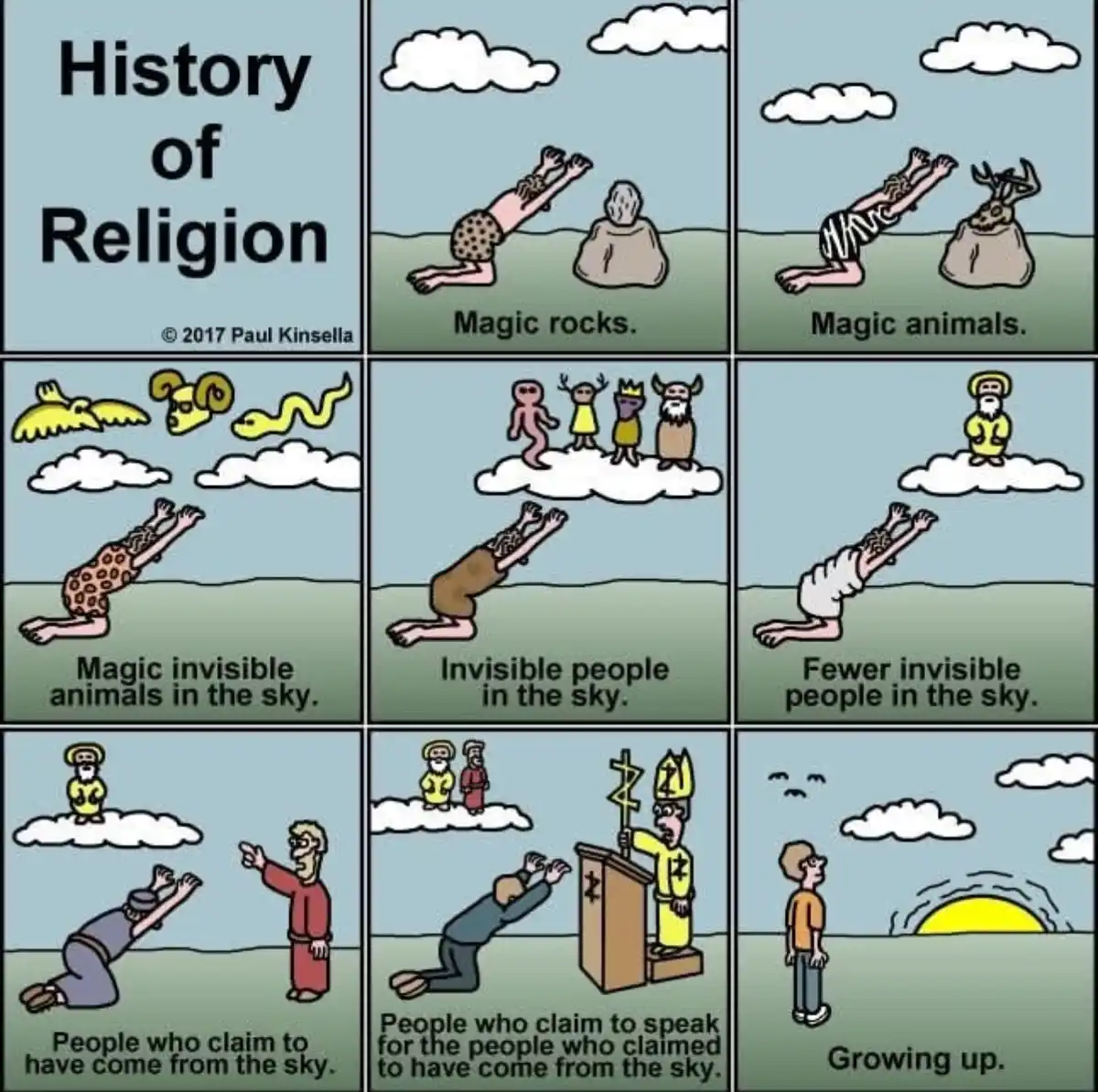 A nine-panel comic titled 'History of Religion' by Paul Kinsella, depicting a person progressively kneeling to worship…