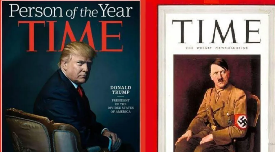 The image displays two side-by-side TIME magazine covers. The left cover features Donald Trump seated in a chair, with the…