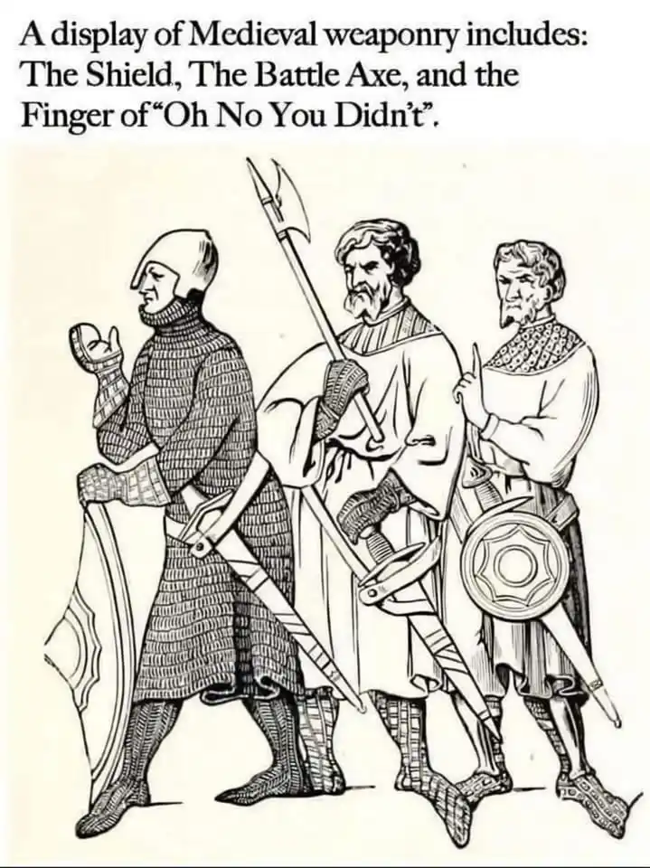 A black-and-white line drawing shows three medieval warriors. The leftmost warrior holds a shield and a sword. The center…