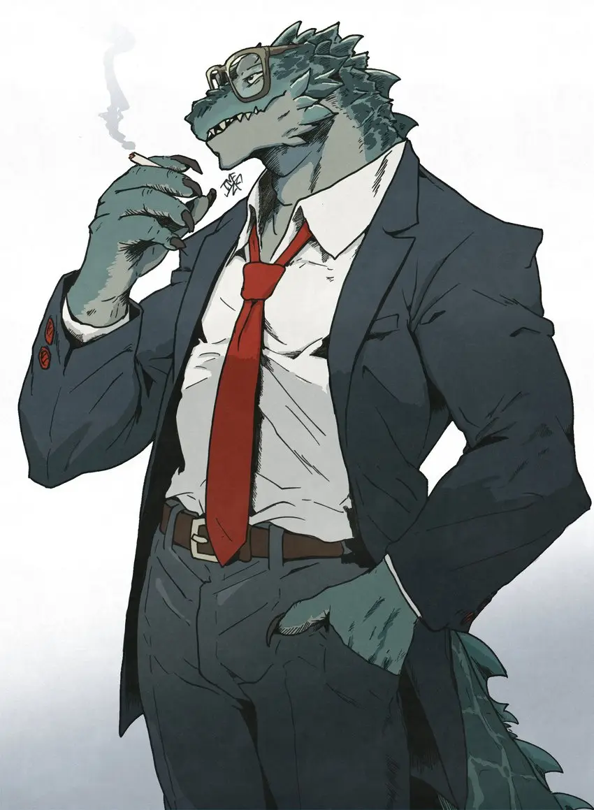 A stylized illustration of a humanoid crocodile wearing a dark suit, white shirt, and red tie, holding a cigarette with…