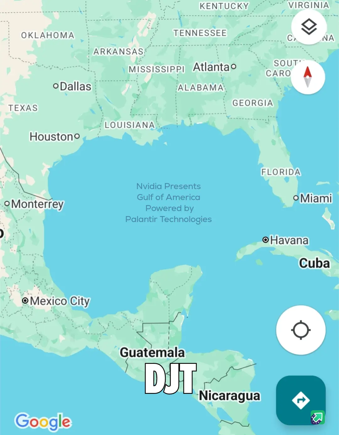A Google Maps screenshot showing the Gulf of Mexico, with the Gulf of America labeled as a fictional body of water. The text…
