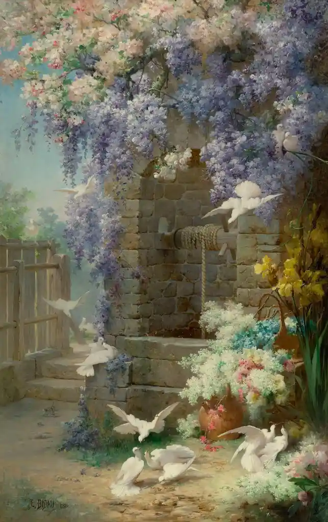 A classical painting depicts a stone well surrounded by cascading purple wisteria and pink blossoms, with numerous white…
