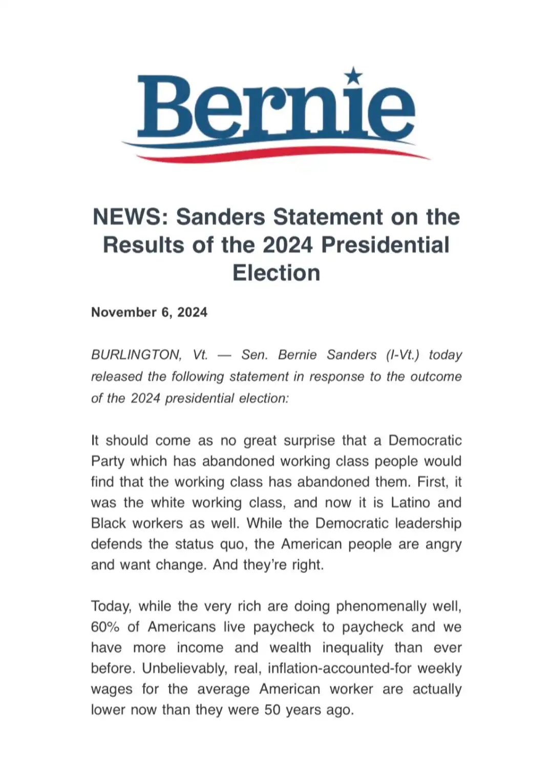 A mock news release with the 'Bernie' campaign logo at the top, dated November 6, 2024, featuring a fabricated statement by…