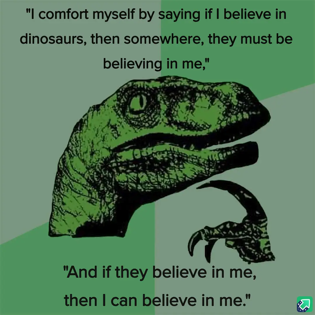 The image features the well-known 'Philosoraptor' meme template, showing a green, stylized illustration of a dinosaur's head…