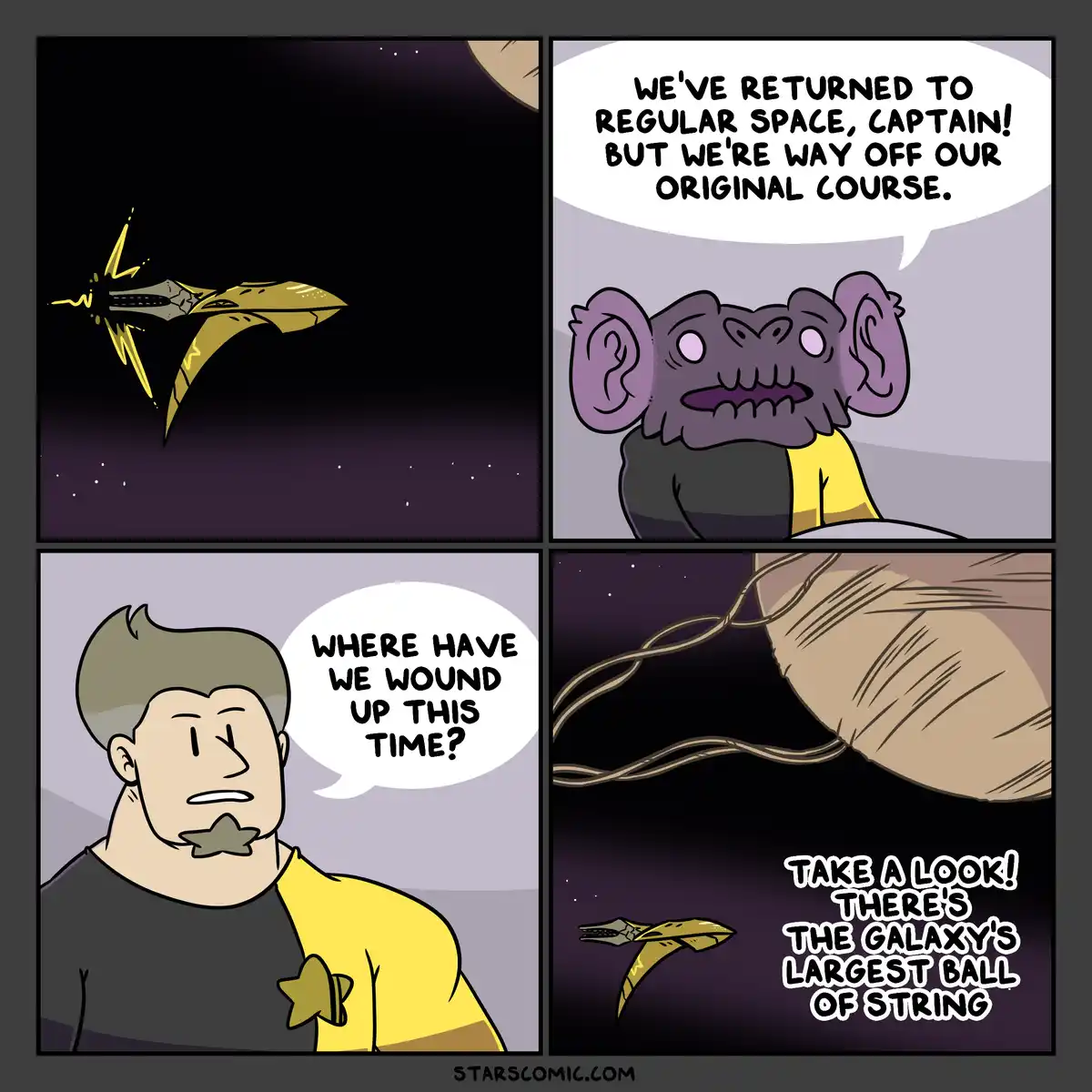 A four-panel comic strip shows a spaceship returning to regular space, only to find itself far off course. A purple…