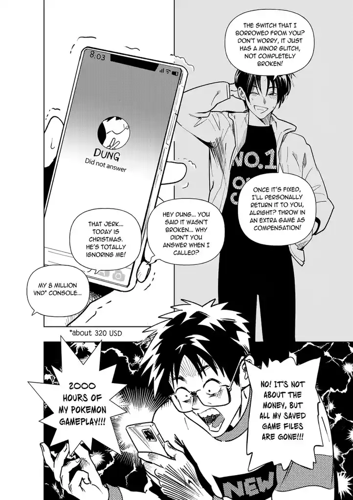 A manga panel shows a character calling a friend named Dung on his phone, which shows 'Did not answer'. The caller, wearing…