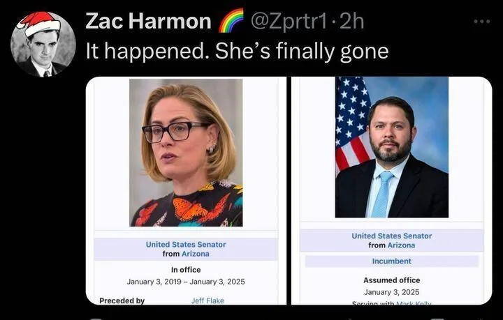A tweet screenshot shows two side-by-side U.S. Senate profile cards. The left card features a woman with glasses and a…