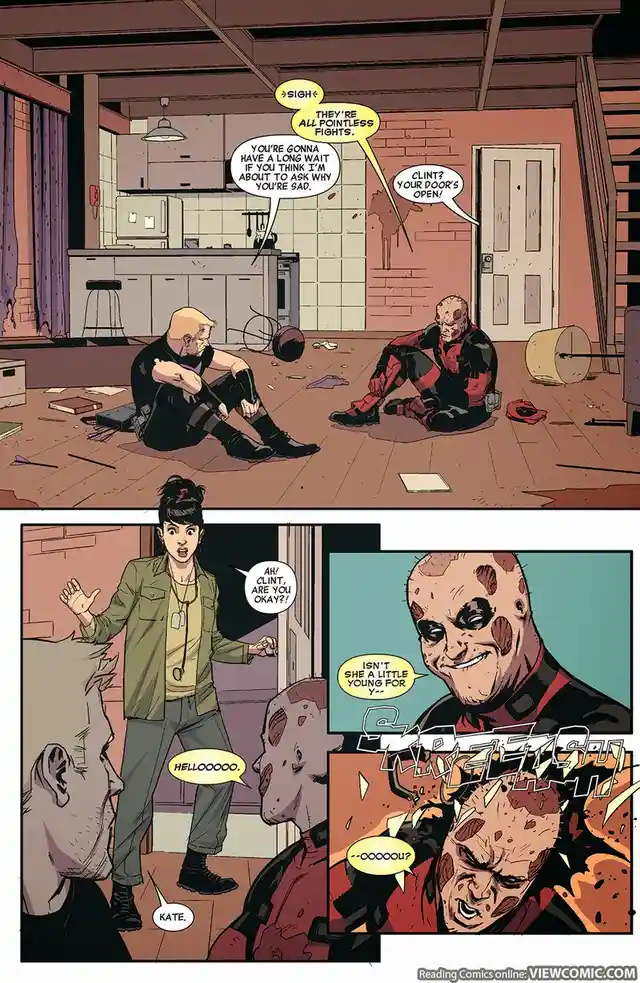 Two men sit on a messy floor in a room, one sighing and saying 'they're all pointless fights' while the other is sad. A…