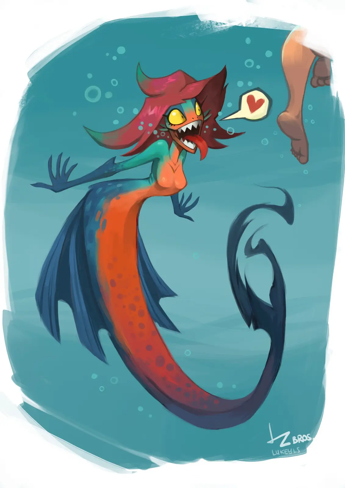 An underwater illustration shows a cartoonish, monstrous mermaid with red hair, yellow eyes, sharp teeth, and a long…