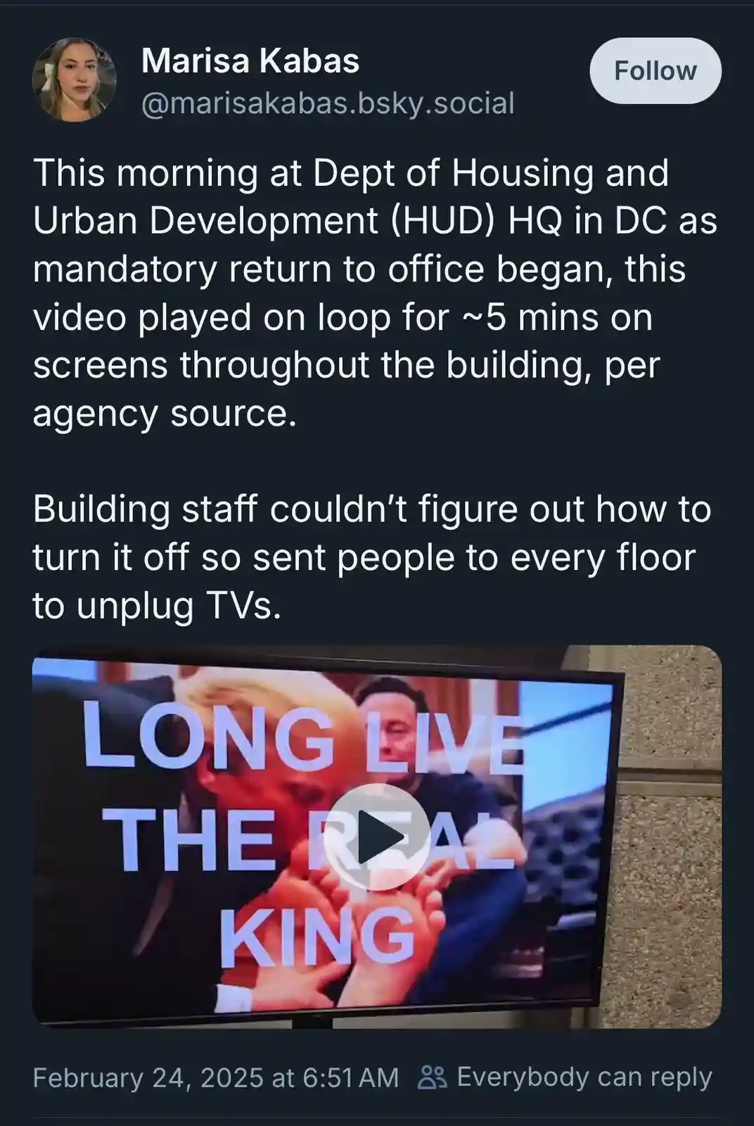 A screenshot of a social media post showing a TV screen displaying the text 'LONG LIVE THE REAL KING' over an image of two…