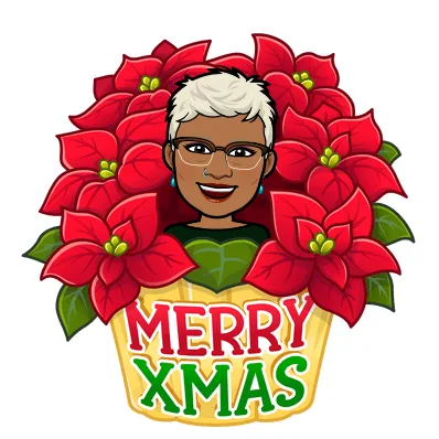 A cartoon illustration of a smiling Black woman with short white hair and glasses, framed by a large arrangement of red…