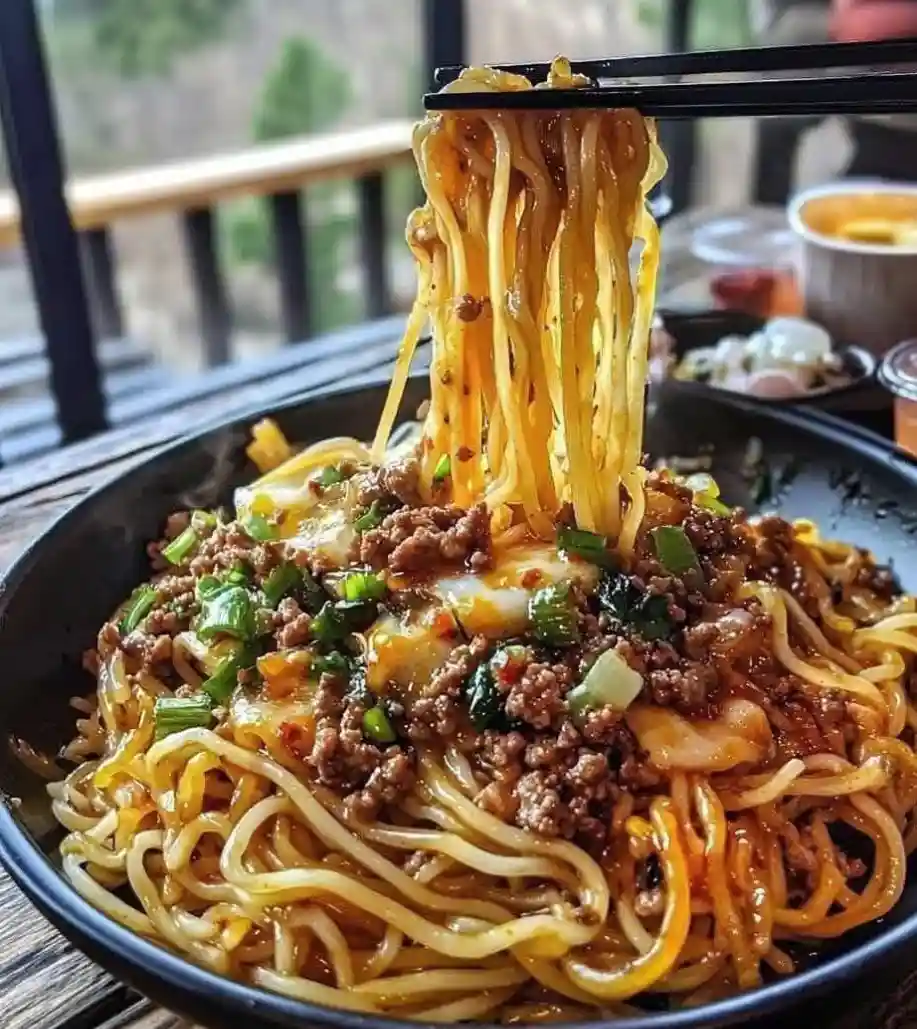 a close-up photo of a bowl of noodles being lifted by chopsticks, covered in sauce, minced meat, and chopped green onions…