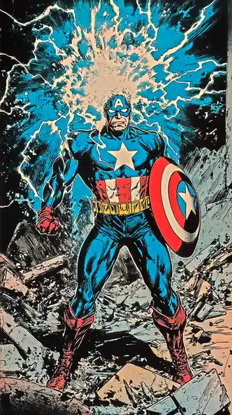 A comic book illustration of Captain America standing amidst rubble with a dramatic blue and white energy explosion behind…