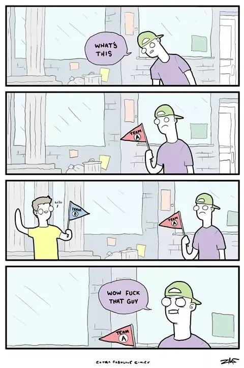 A four-panel comic shows a man in a green cap holding a red 'TEAM A' flag, confused by a stranger waving a blue 'TEAM B'…