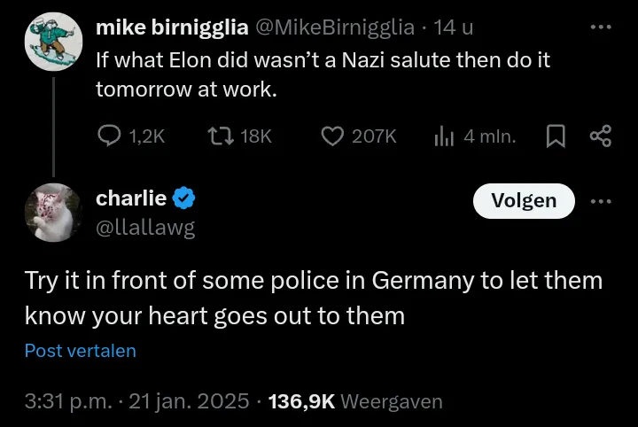 A screenshot of a Twitter thread showing a tweet from Mike Birnigglia suggesting Elon Musk perform a Nazi salute if it…