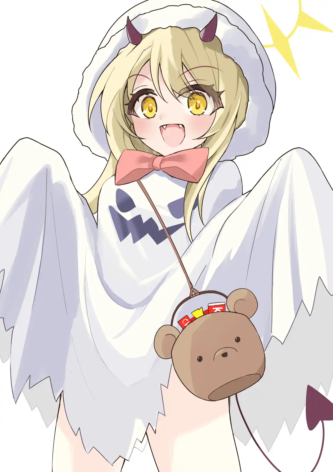 An anime-style girl with blonde hair, devil horns, and angel wings wears a white hoodie with a ghost face and a pink bow…