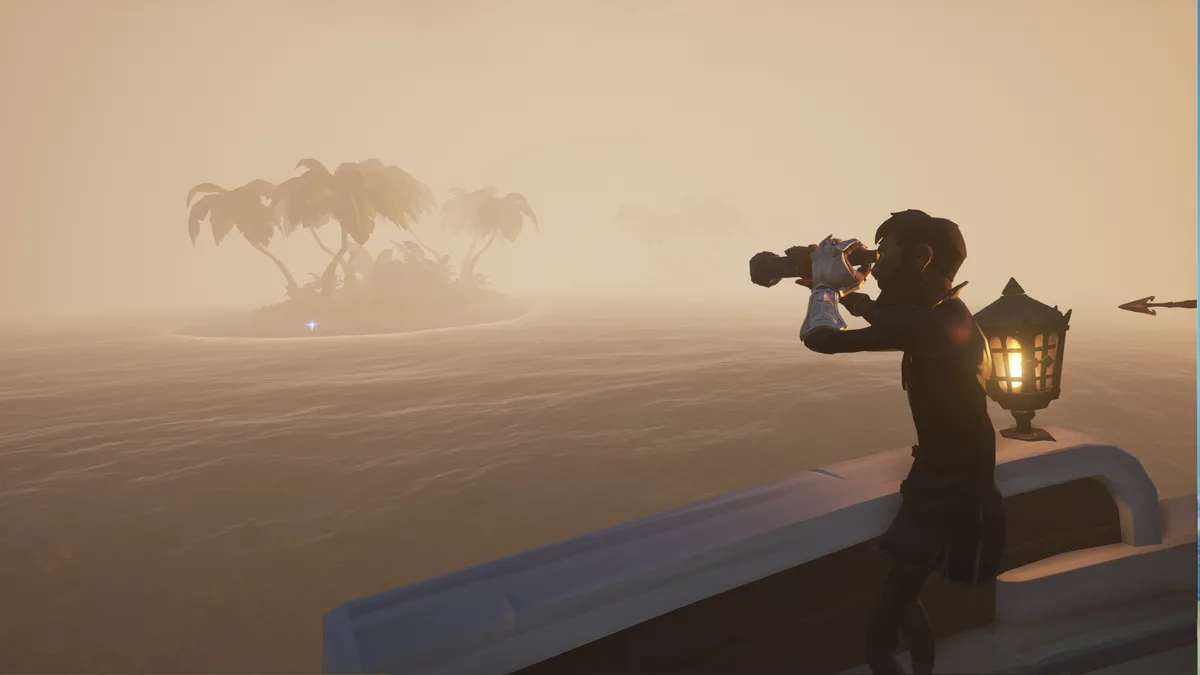 A video game character stands on a boat, looking through a telescope at a distant, hazy island with palm trees. The scene is…