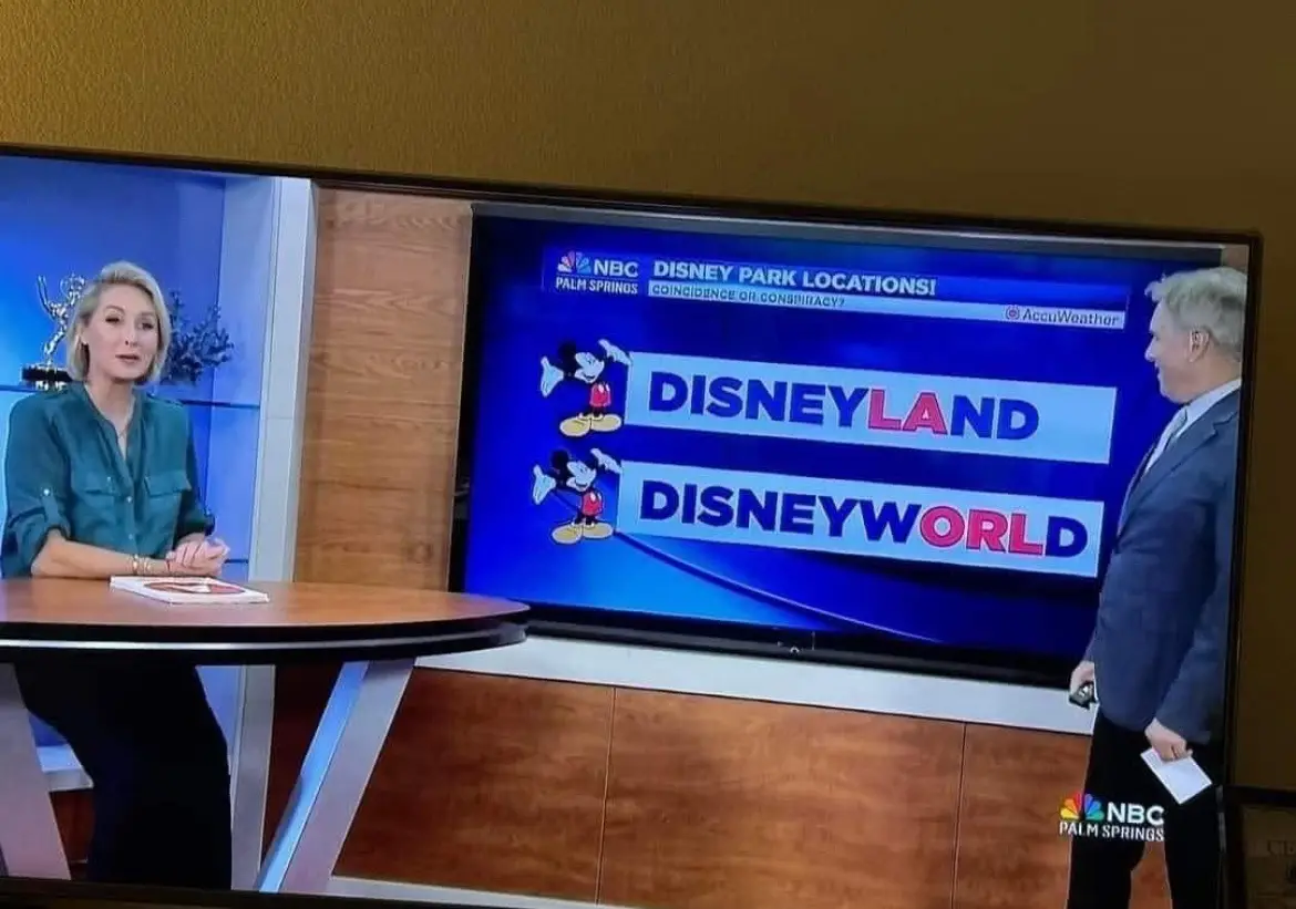 A news broadcast from NBC Palm Springs shows two anchors in a studio, with a screen behind them displaying 'DISNEYLAND' and…