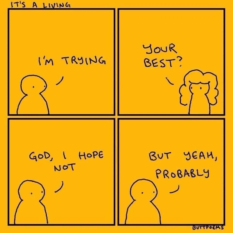 A four-panel comic with a yellow background and simple stick-figure characters. The first panel shows a figure saying 'I'M…