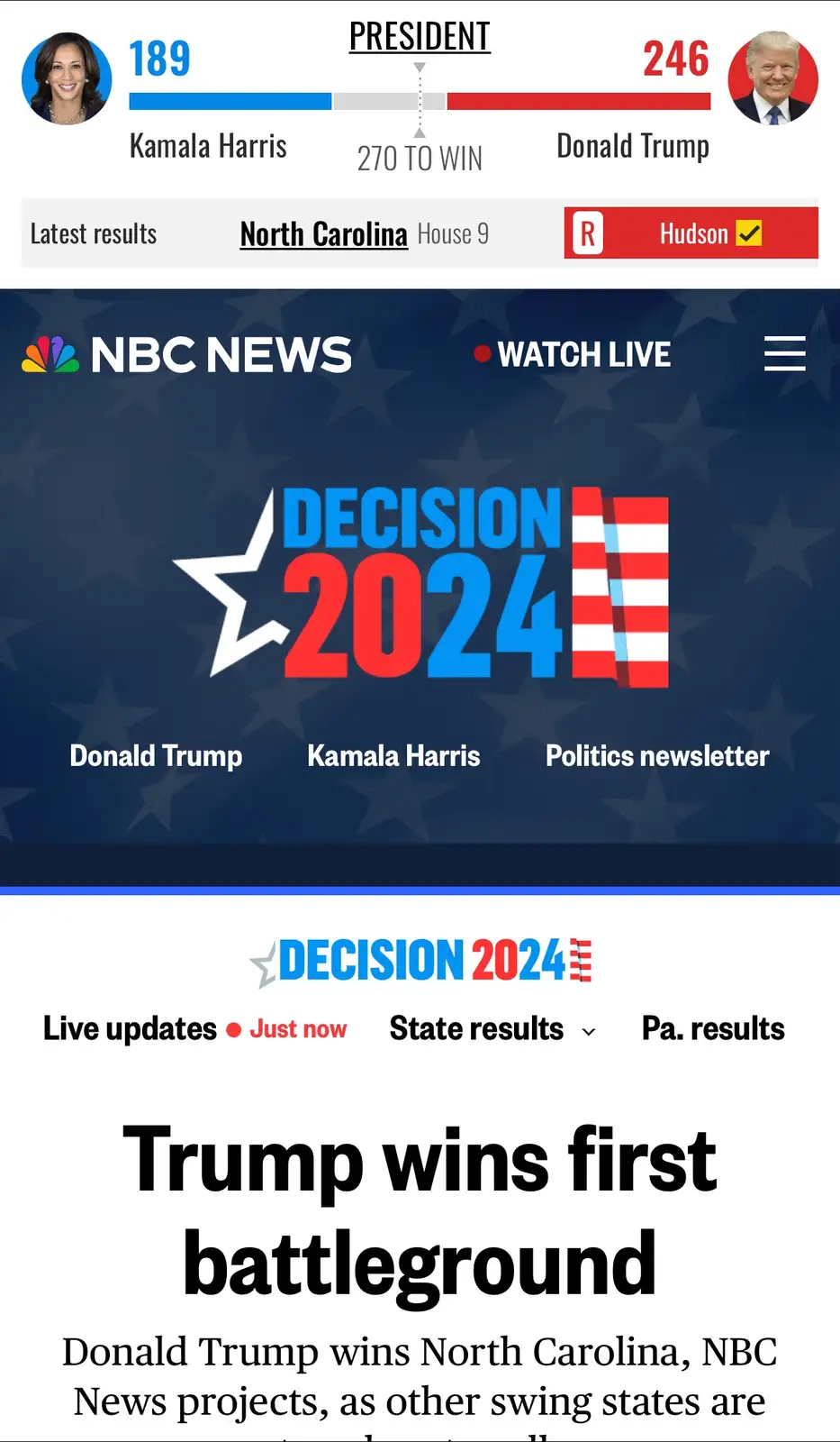 An NBC News Decision 2024 election results screen shows Donald Trump with 246 electoral votes and Kamala Harris with 189…