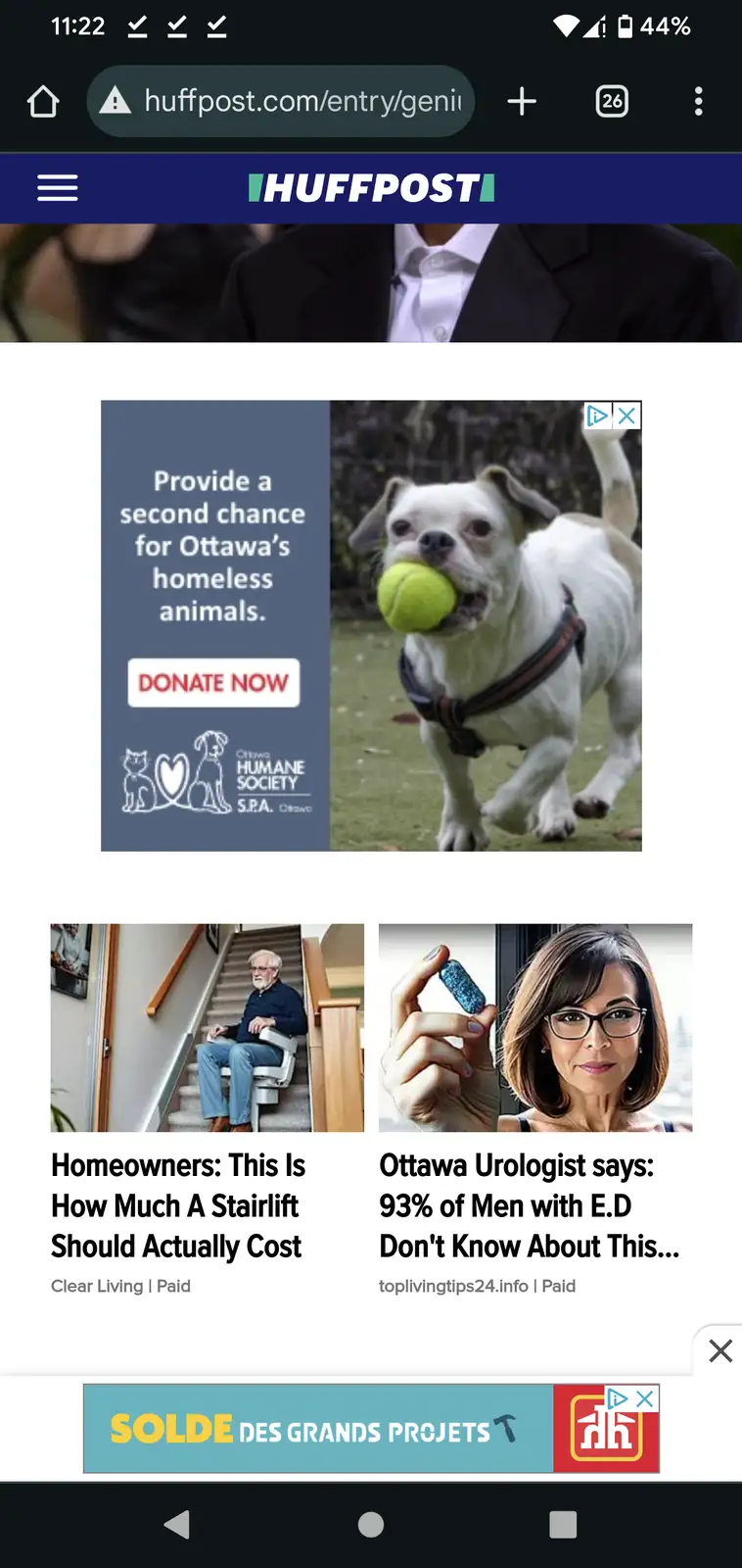 A screenshot of a HuffPost mobile webpage showing a dog ad for Ottawa Humane Society, a stairlift article, and a urologist…