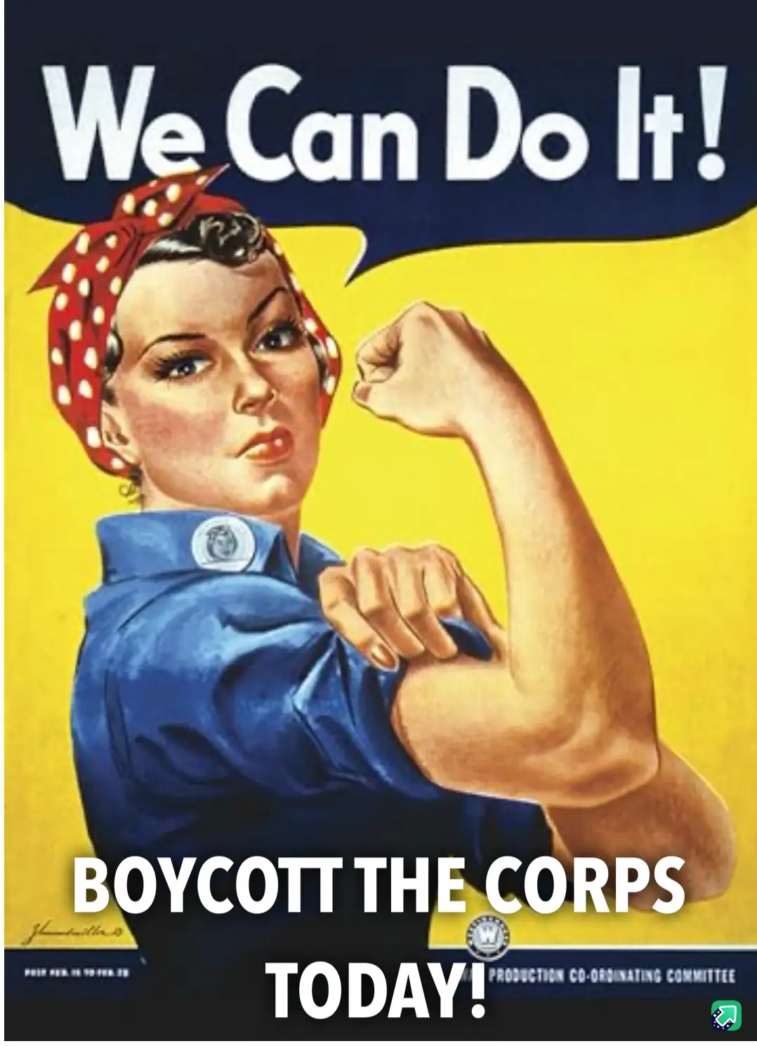 The image is the iconic 'We Can Do It!' WWII propaganda poster featuring a woman in a blue work shirt and red polka-dot…