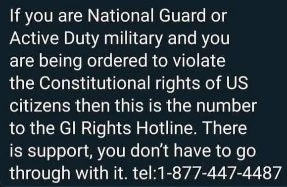 A dark background image displays white text providing a hotline number for U.S. military personnel who are ordered to…
