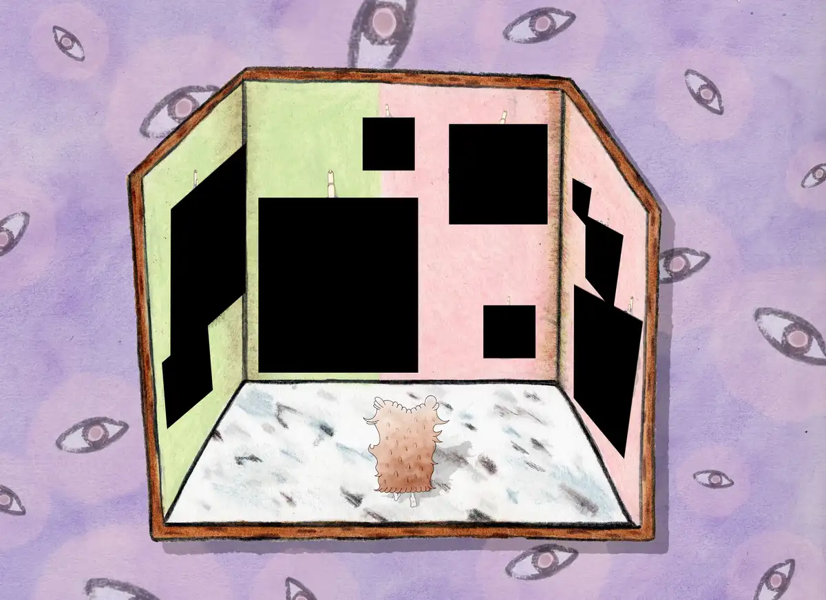 An illustration shows a small, fluffy, brown creature standing inside a brightly colored, open cardboard box with black…