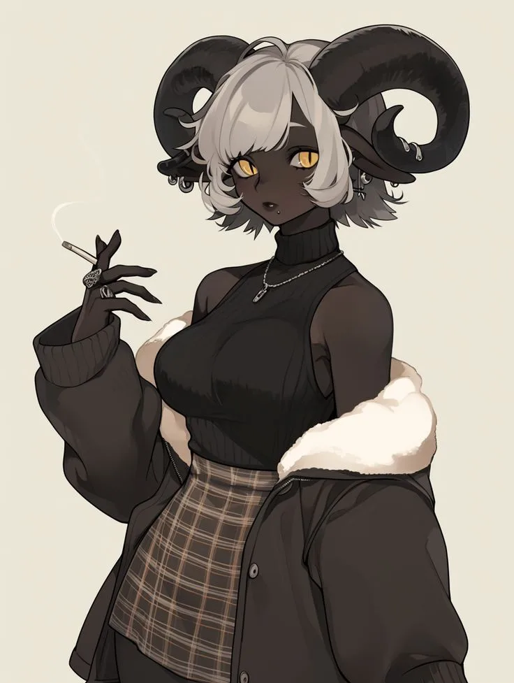 An anime-style illustration of a dark-skinned female character with large, curved black ram horns, short white hair, and…