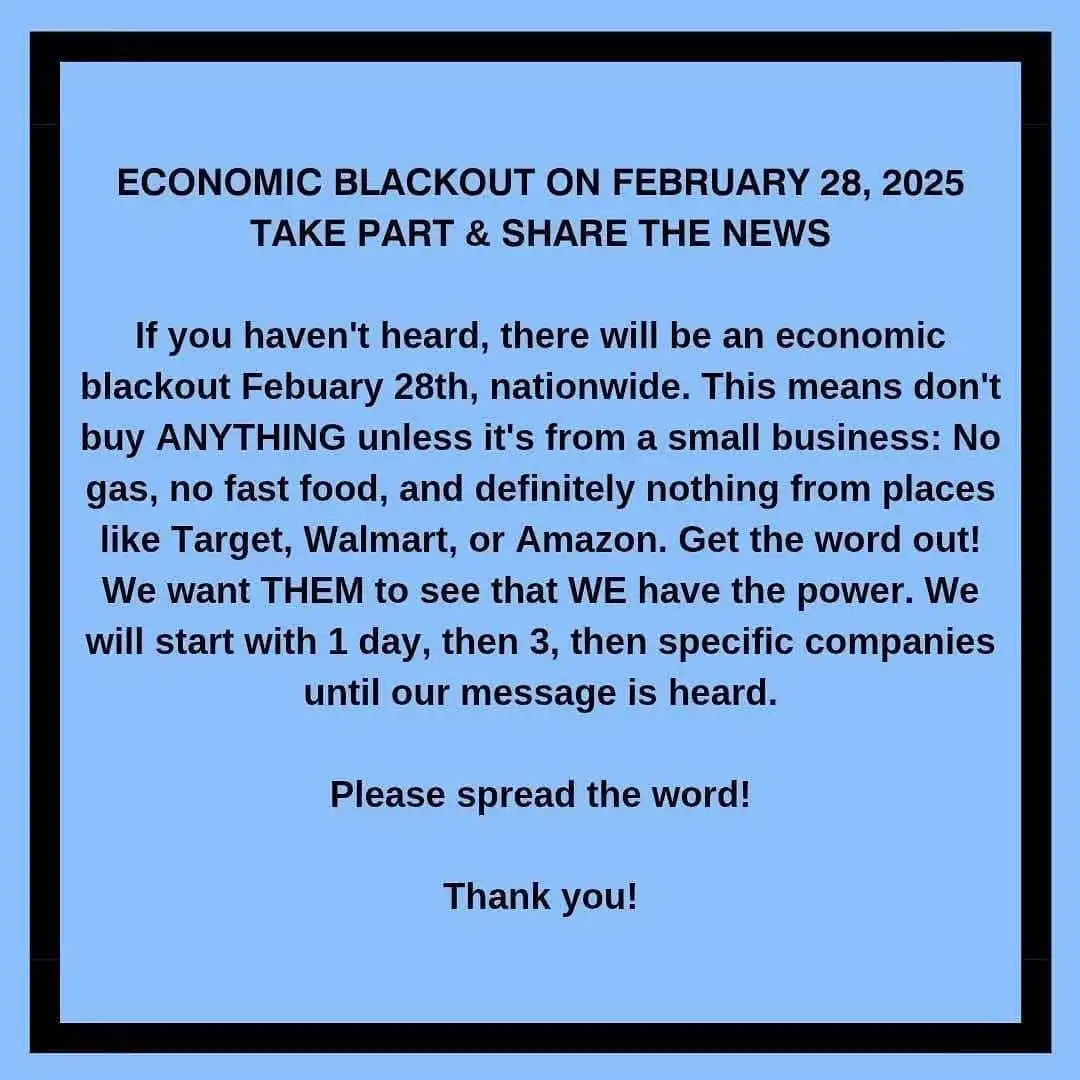A light blue poster with black text announces a fictional 'economic blackout' on February 28, 2025, urging people to boycott…