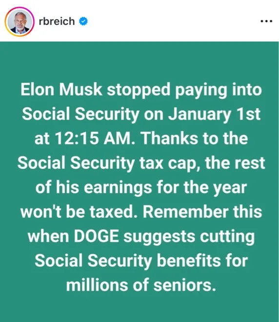 A green-screen image displays white text stating that Elon Musk stopped paying Social Security taxes on January 1st at 12:15…