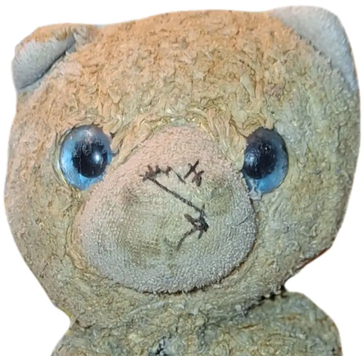 A close-up of a worn, beige teddy bear with large blue plastic eyes and a crudely stitched mouth made of black thread…