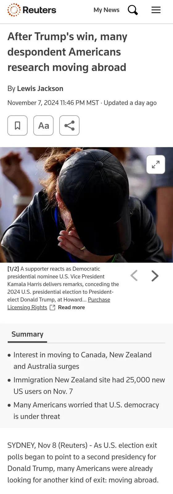 A screenshot of a Reuters news article with a headline reading 'After Trump's win, many despondent Americans research moving…