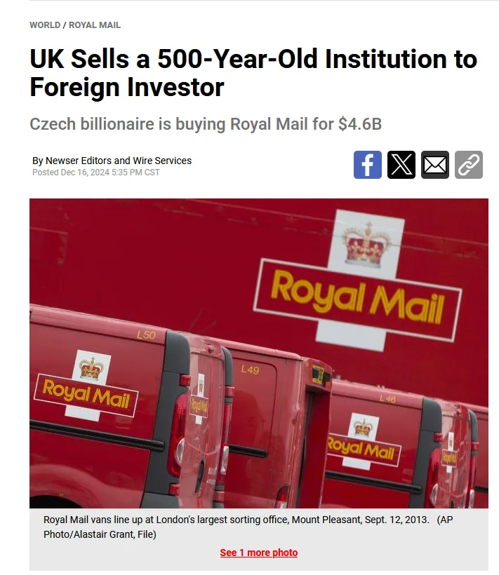 A screenshot of a news article with a headline about the UK selling Royal Mail to a Czech billionaire. The image shows red…