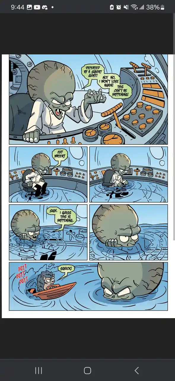A comic strip shows a large, angry alien scientist in a spaceship control room, initially furious after being defeated by a…