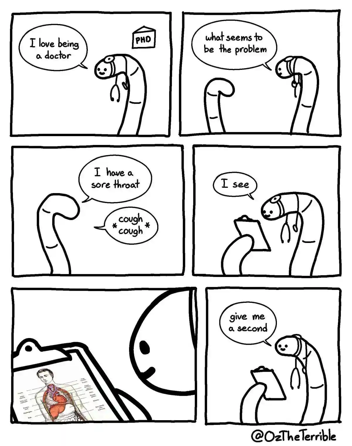 A six-panel comic strip shows a doctor character with a stethoscope and a 'PHD' badge. The patient complains of a sore…