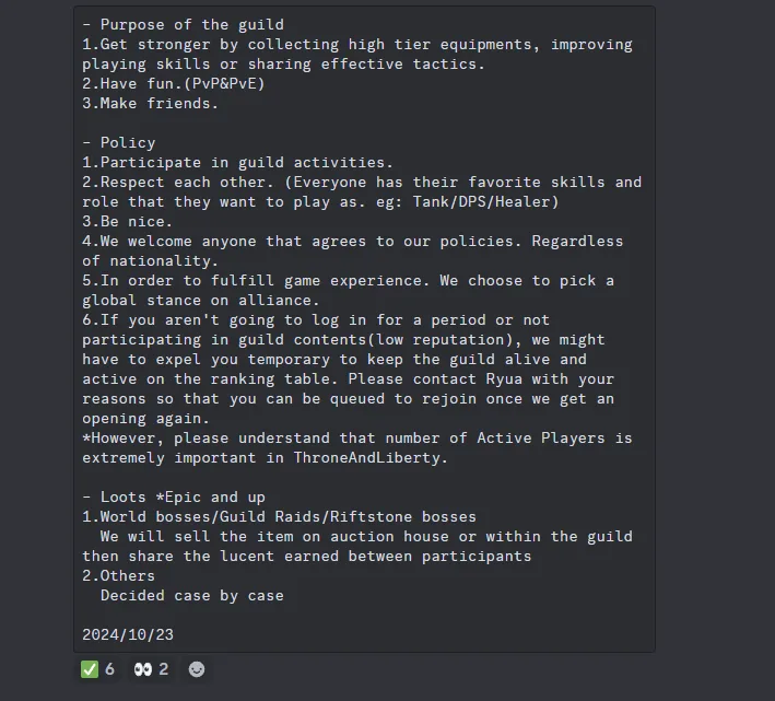 A dark gray text box displays a guild charter for the game Throne and Liberty, listing purpose, policy, and loot rules. The…