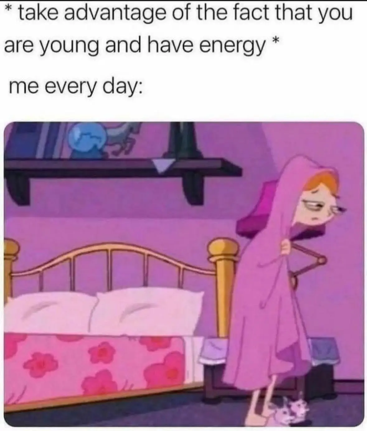 An animated girl in a pink robe stands in her bedroom, looking exhausted and dragging herself toward the bed. The text above…