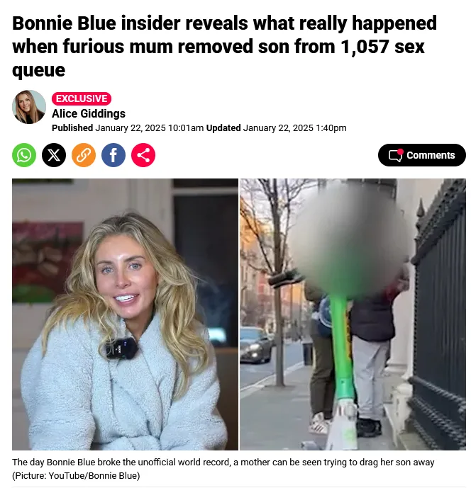 The image displays a split-screen: on the left, a woman with blonde hair in a light blue robe smiles at the camera; on the…