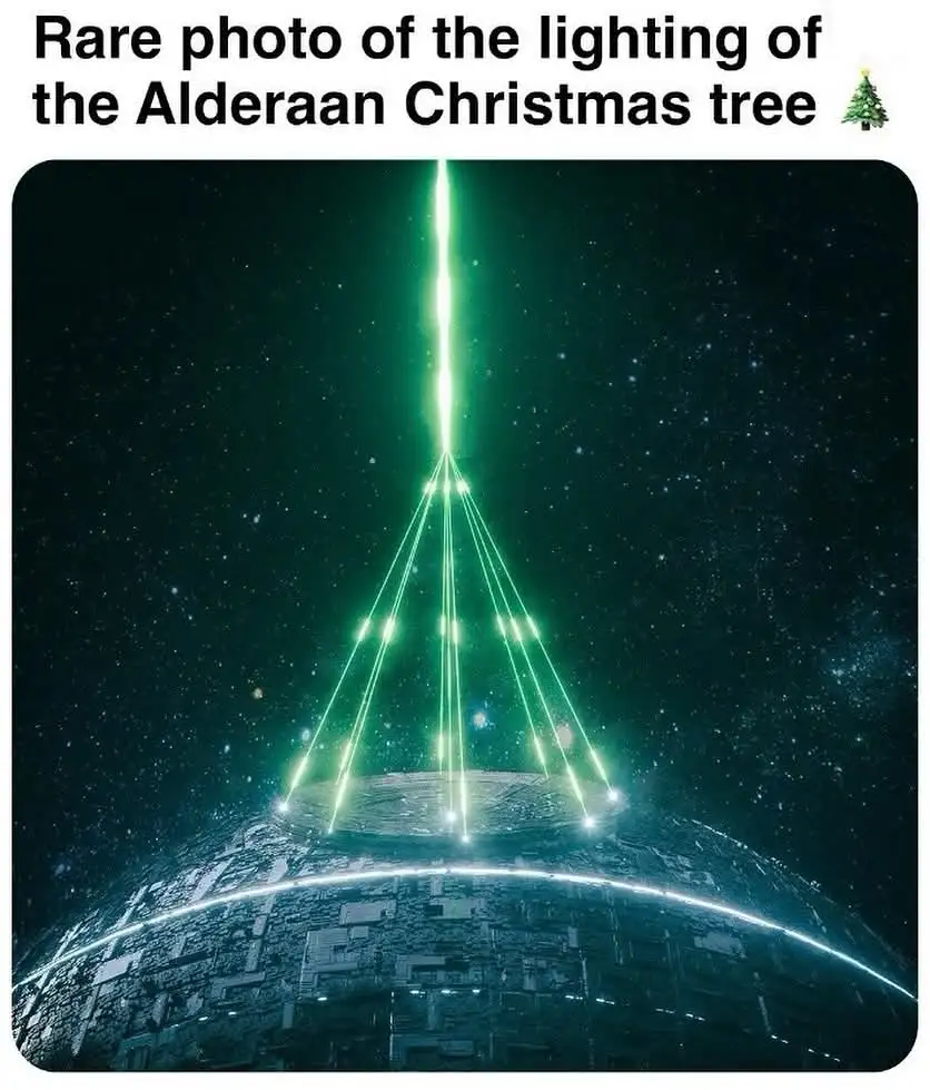 The image shows a digitally altered view of the Death Star from Star Wars, with green laser beams arranged in a Christmas…