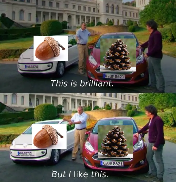 Two men stand beside their cars, one white and one red, in front of a large mansion. An acorn image is superimposed over the…