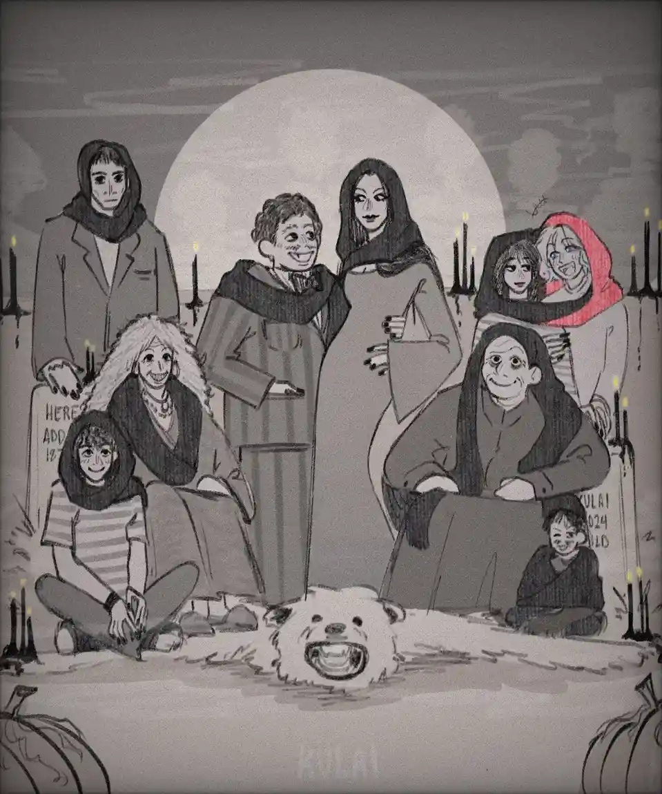 A grayscale Halloween-themed illustration depicts a group of cartoon characters, including a smiling skeleton, a tall woman…
