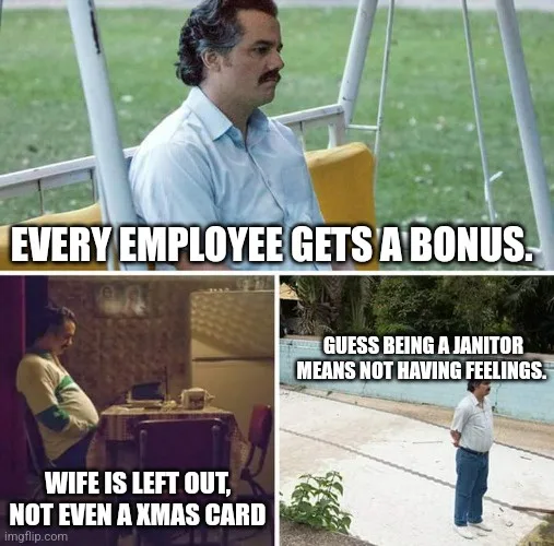 The image is a three-panel meme. Top panel shows a man with a mustache sitting on a swing, with text saying 'EVERY EMPLOYEE…