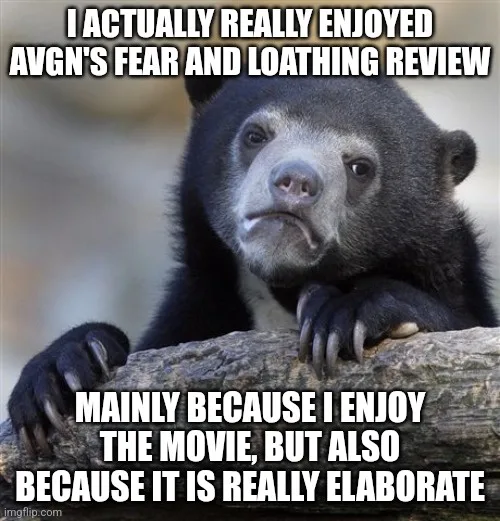 A black bear with a confused, slightly disappointed expression rests its paws on a log. White text overlaid in two blocks…