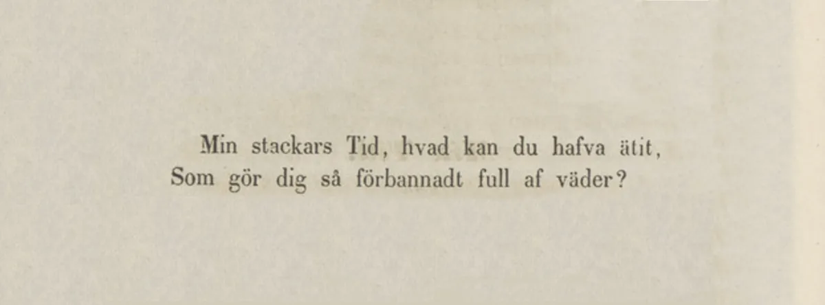 The image displays a faded, vintage-looking text on aged paper. The text is in Swedish and reads: 'Min stackars Tid, hvad…