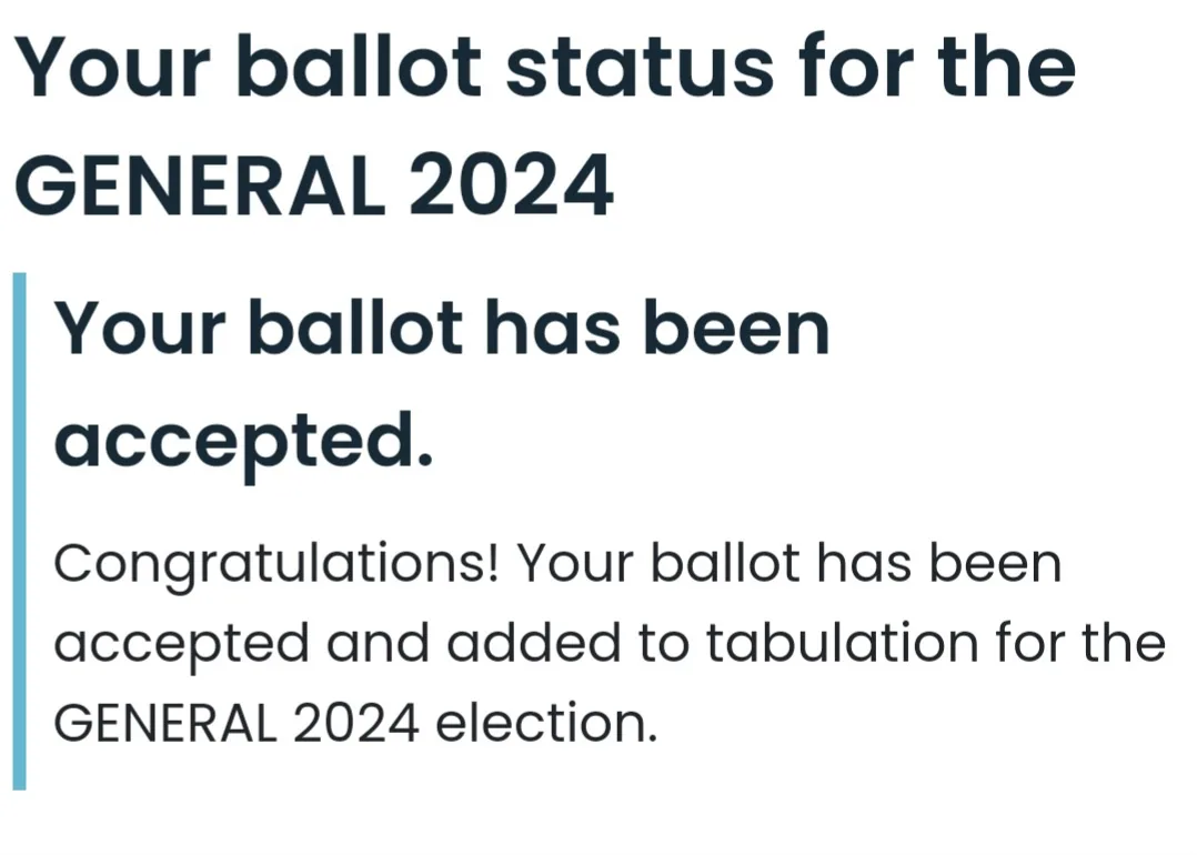 A screenshot of a ballot confirmation message with a clean white background and dark text. The message announces that the…