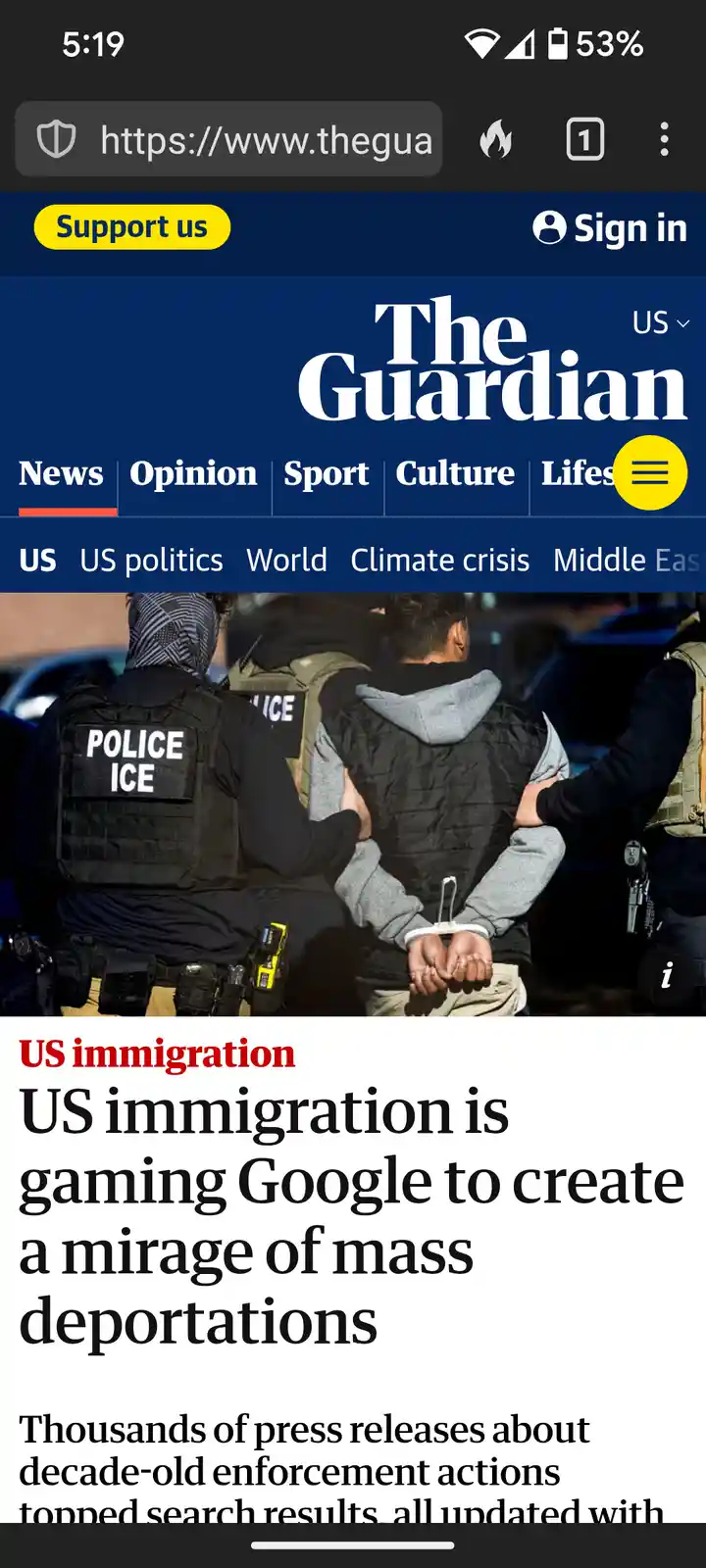 A screenshot of The Guardian's mobile website shows a headline about US immigration allegedly manipulating Google search…