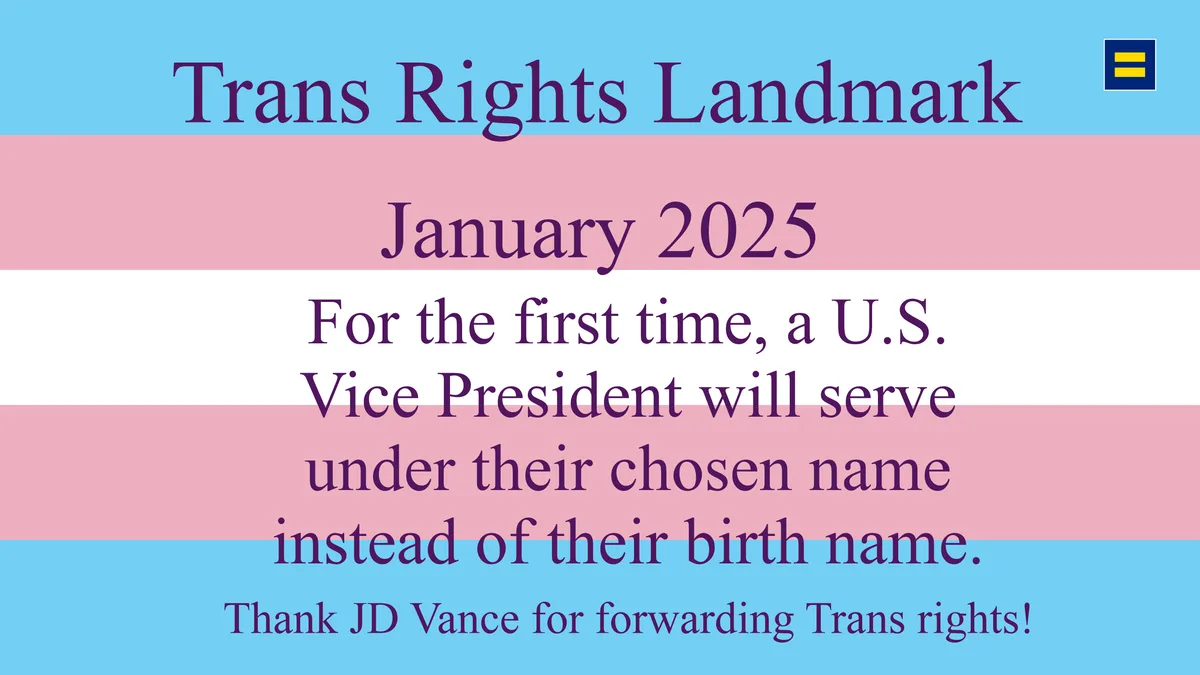 The image displays the transgender flag with purple, pink, and blue horizontal stripes. Overlaid text announces a fictional…